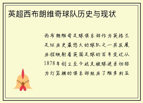 英超西布朗维奇球队历史与现状