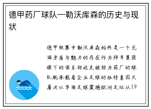 德甲药厂球队—勒沃库森的历史与现状